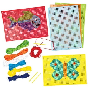Baker Ross Kids Cross Stitch - 6 Sewing Kits for Beginners. Includes plain cards with pre-punched holes, coloured yarn & safe plastic needle. Cards 21cm x 15cm