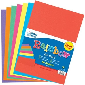 Baker Ross A3 Coloured Card - 50 Sheets of A3 Multicoloured Card in 7 assorted rainbow colours. Weight 220gsm. Size 297mm x 420mm (A3 size)