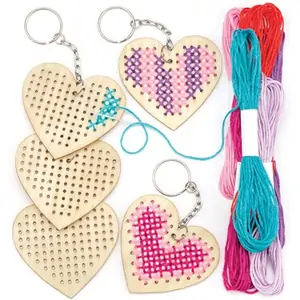 Baker Ross Heart Wooden Cross Stitch Keyring Kits (Pack of 5) Craft Kits For Kids