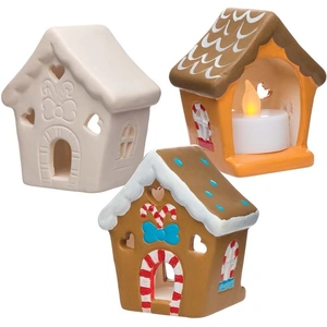 Baker Ross Gingerbread House Ceramic Tealight Holders - Box of 3. Christmas Display Ceramic Centrepiece. 8 x 7 cm
