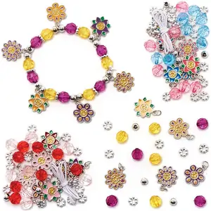 Baker Ross Flower Charm Bracelet Kits (Pack of 3) Jewellery 3 assorted colourways - Purple/Orange, Blue/Pink & Red/Pink