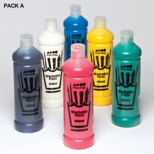 View product details for the Washable Paint - 6 x 600ml bottles of washable ready mixed paint. Easy to remove from skin & most machine washable clothing. Assorted colours