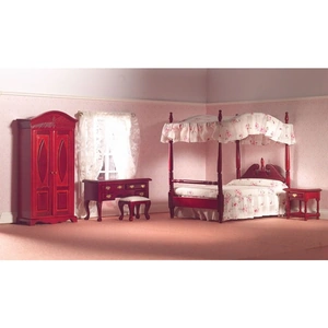 Dolls House Emporium Traditional Bedroom Set with Four-Poster Bed Mahogany for 12th Scale Dolls House