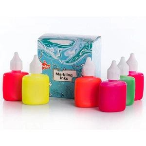 Scola Marbling Ink - 6 x 25ml bottles of fluorescent marble ink. Yellow, Red, Pink, Magenta, Orange, Green in dropper topped bottles. Instructions included